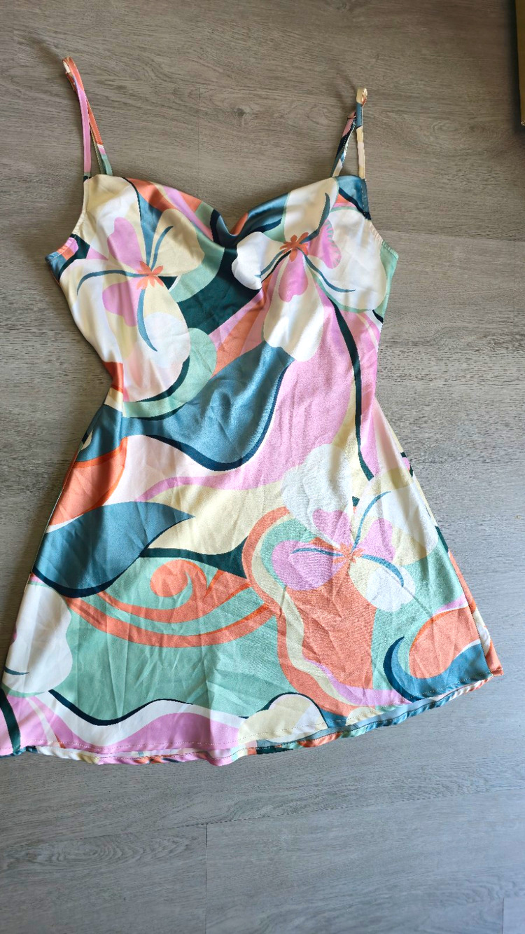 Xtraordinary Vintage Floral Multicolor Mini Dress XL Adjustable Spaghetti Straps